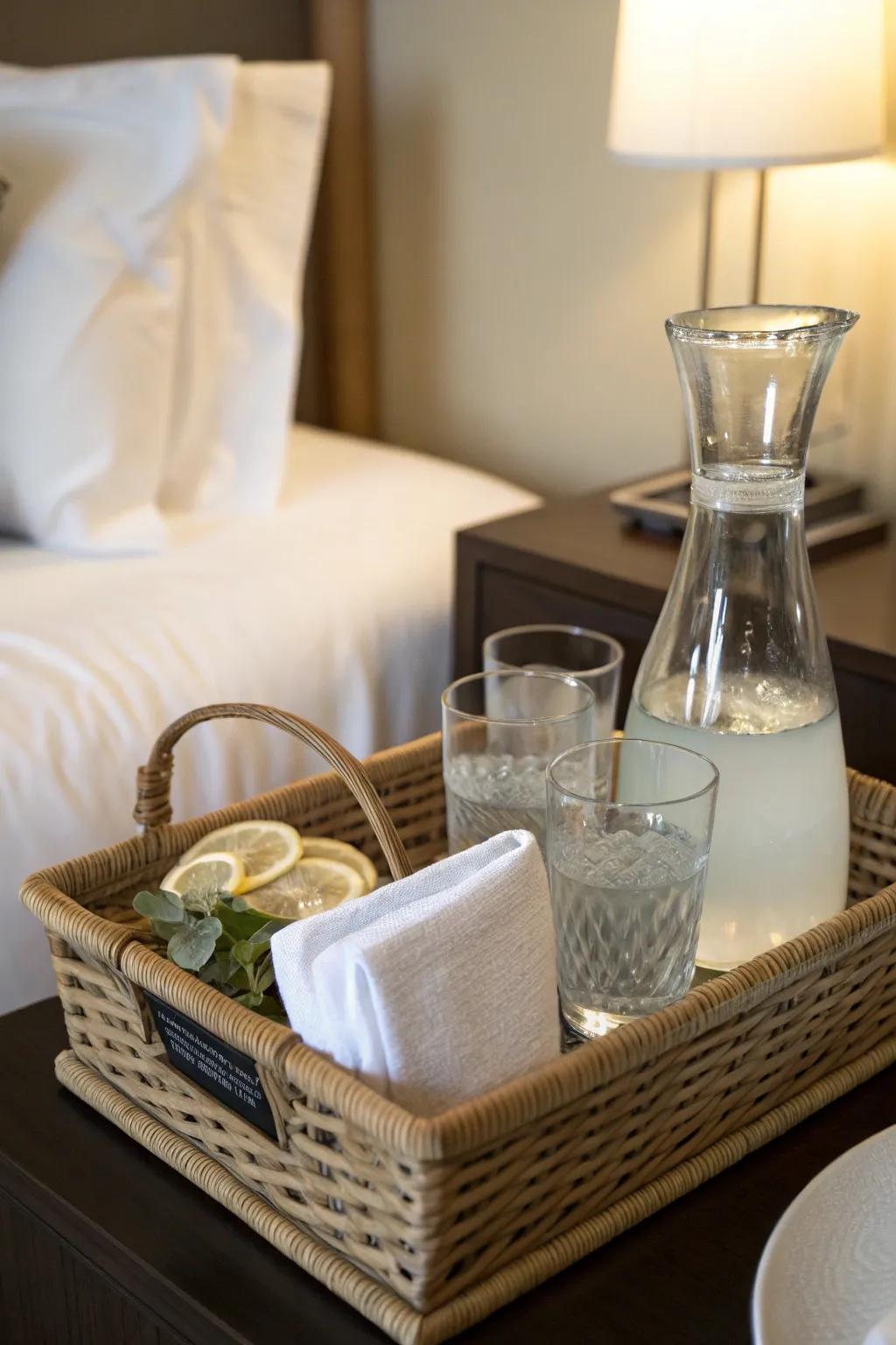 A stylish water carafe adds elegance to guest hospitality.