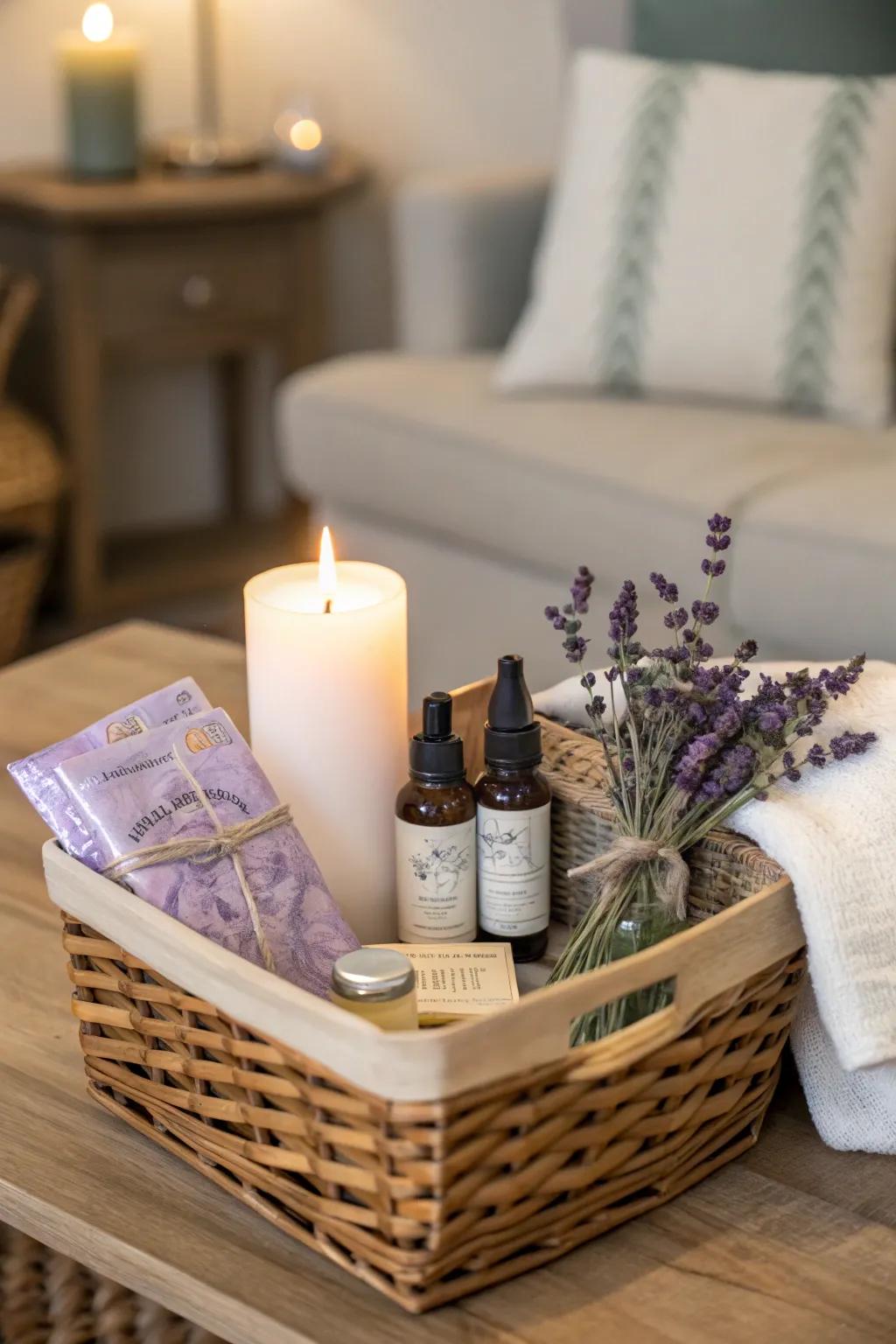 A scented candle pillar adds warmth and tranquility to the space.