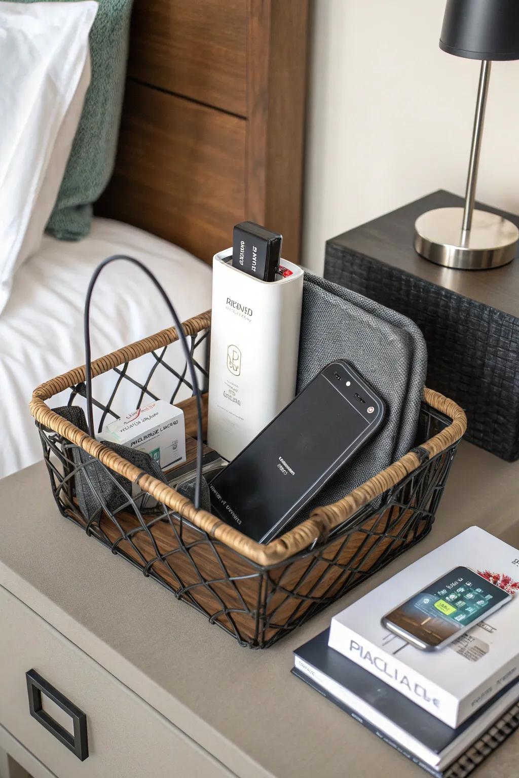 A portable charger keeps guests connected effortlessly.