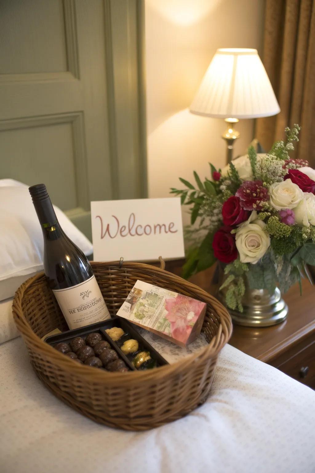 A personalized welcome card adds a heartfelt message to the hamper.