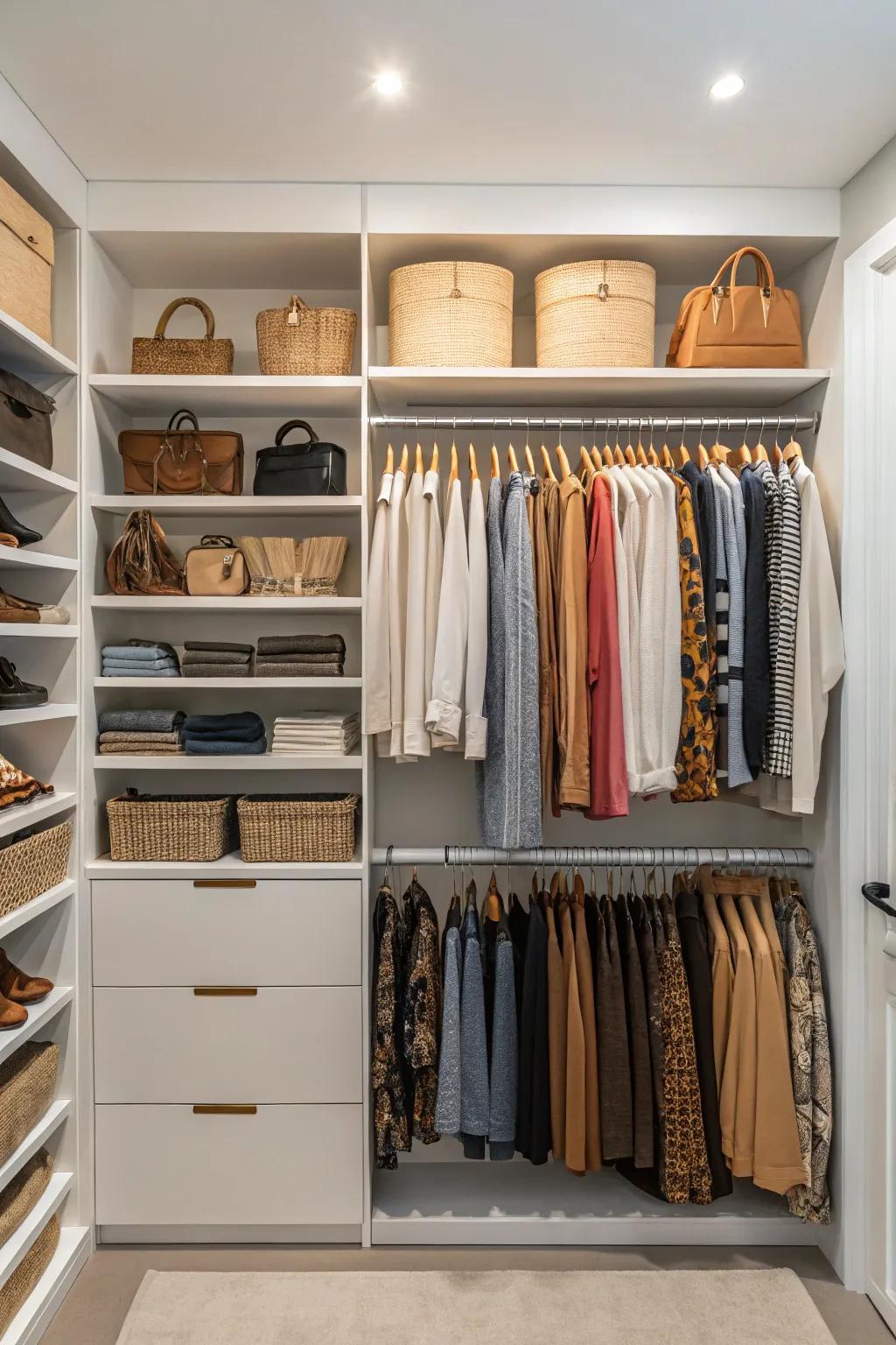 Closet organizers facilitate efficient storage solutions.