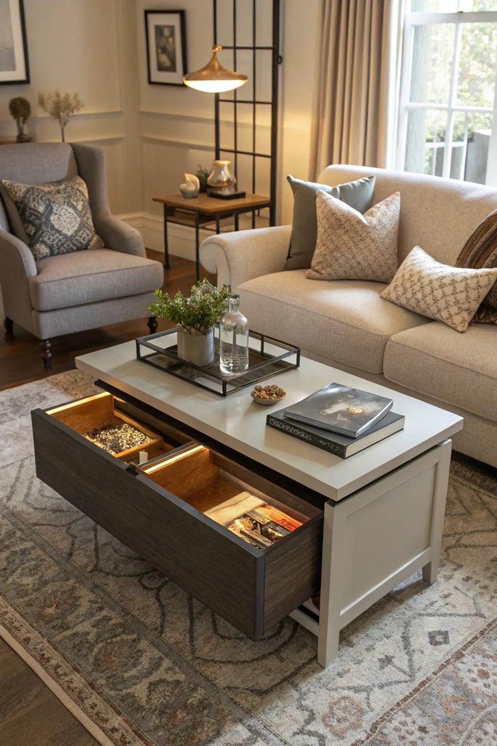 Multi-functional furnishings offer both elegance and practicality in storage.