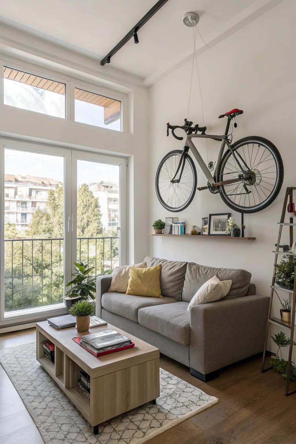 Wall-mounted bicycles cultivate stylish storage arrangements.