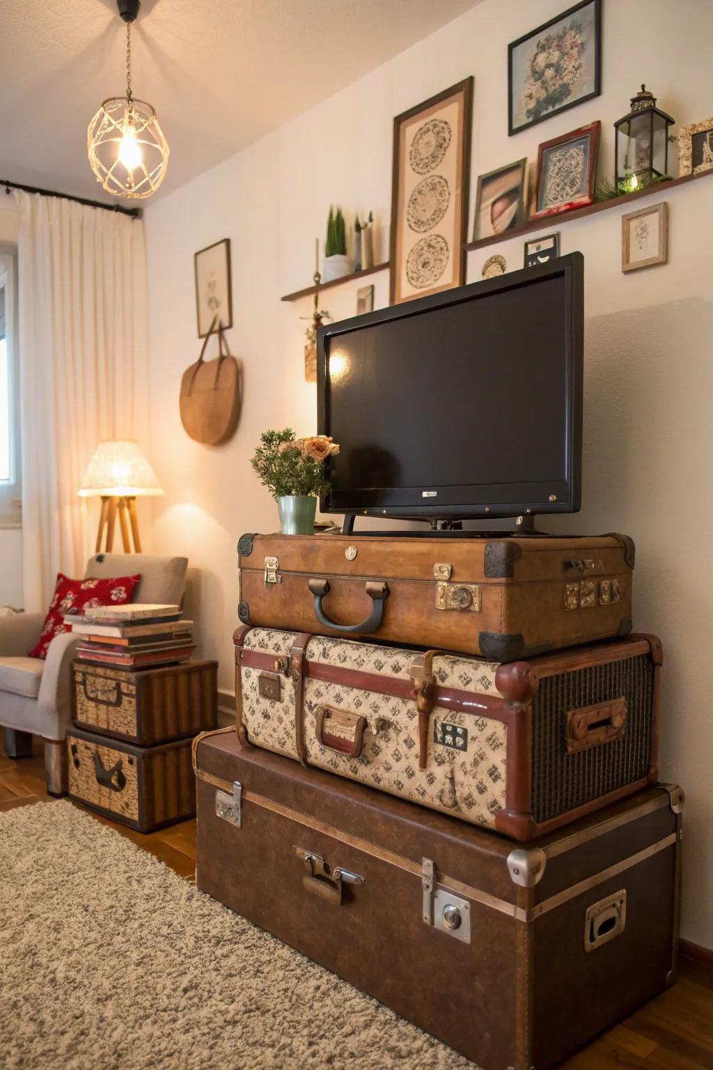 Vintage suitcases imbue charm and enhanced storage.