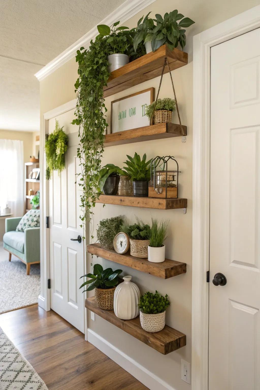 Floating shelves above doorways make the most of unoccupied space.