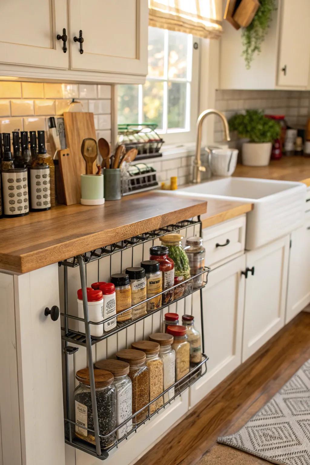 Under-cabinet racks enhance kitchen storage capabilities.