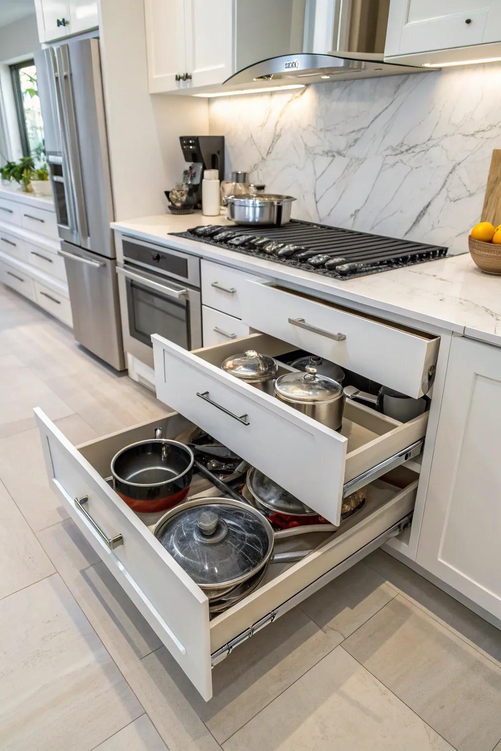 Pull-out drawers maintain an orderly arrangement of kitchen essentials.