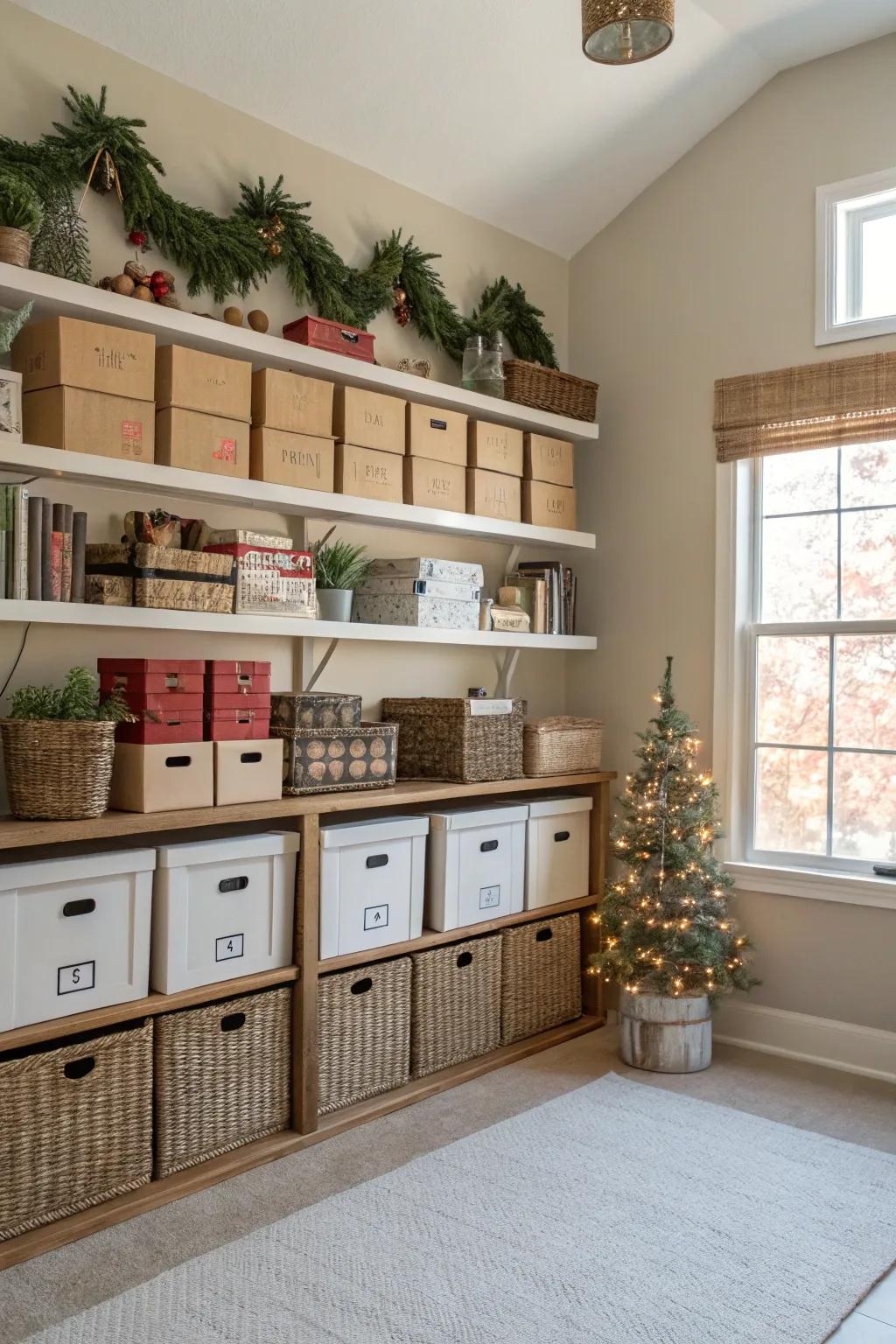 Overhead storage solutions maintain items out of immediate reach.