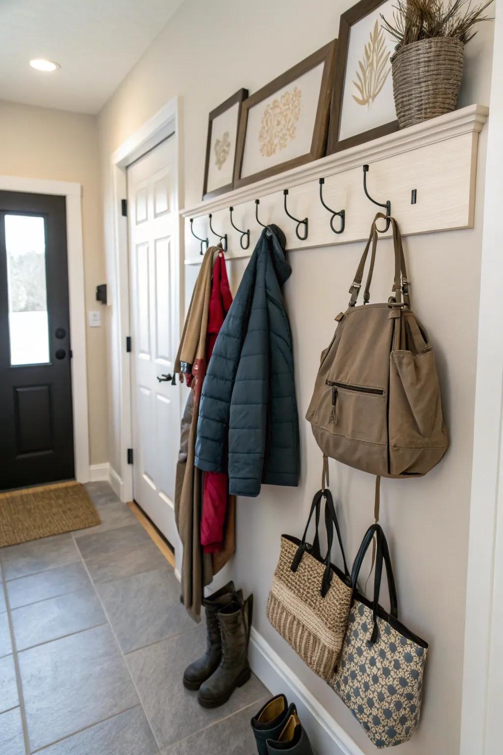 Wall-mounted hooks provide practical storage options.