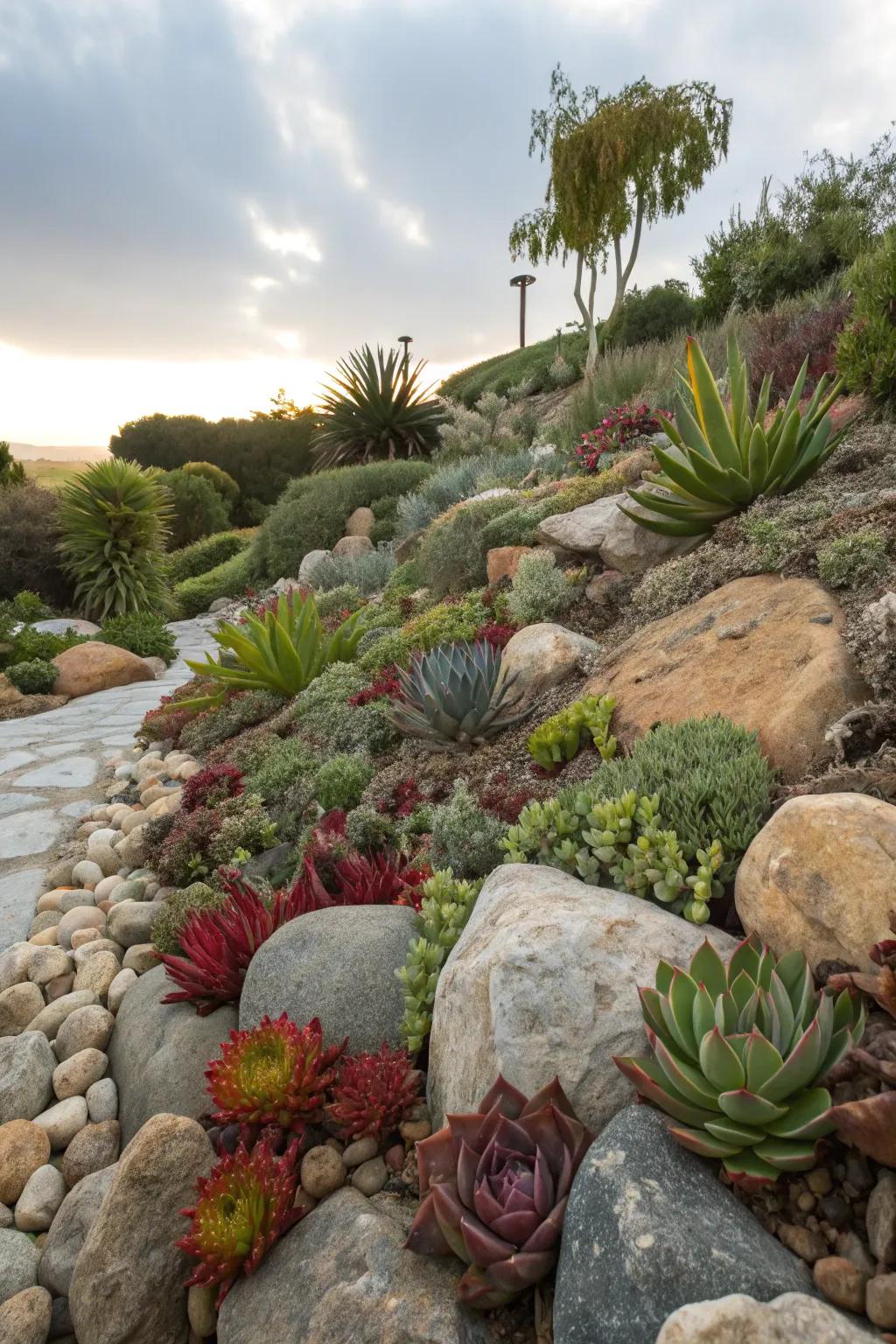 Succulents impart a vibrant element to stone-based landscapes.