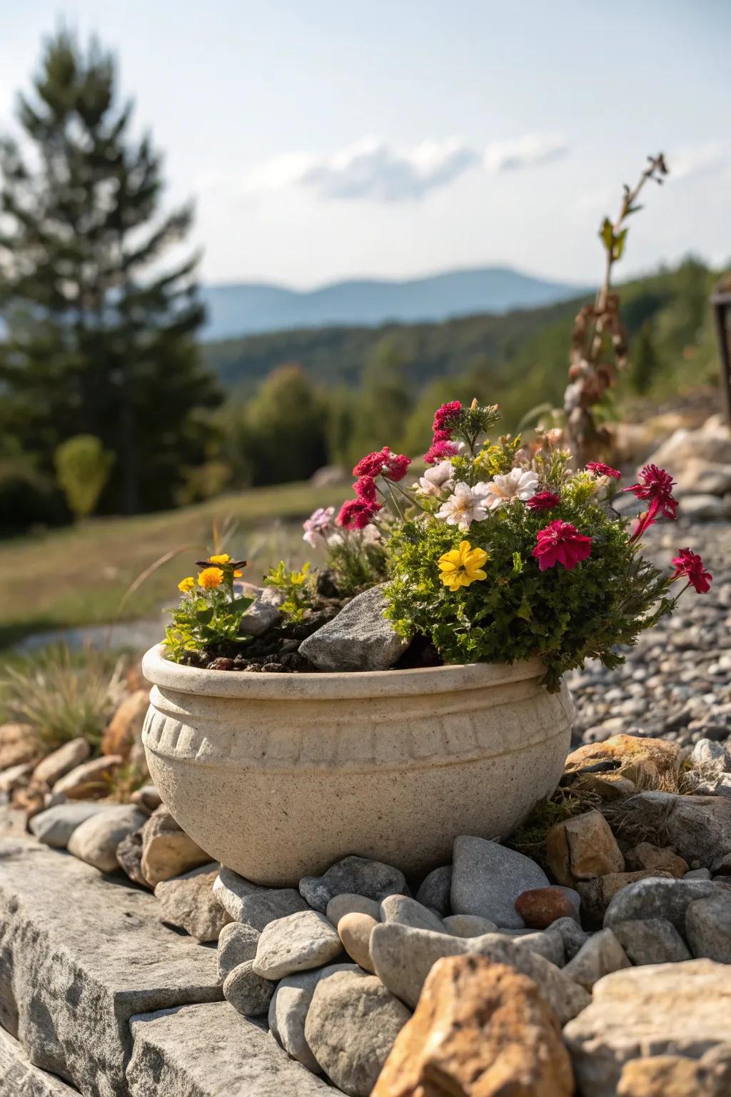 Stone containers add charm and uniqueness to garden displays.