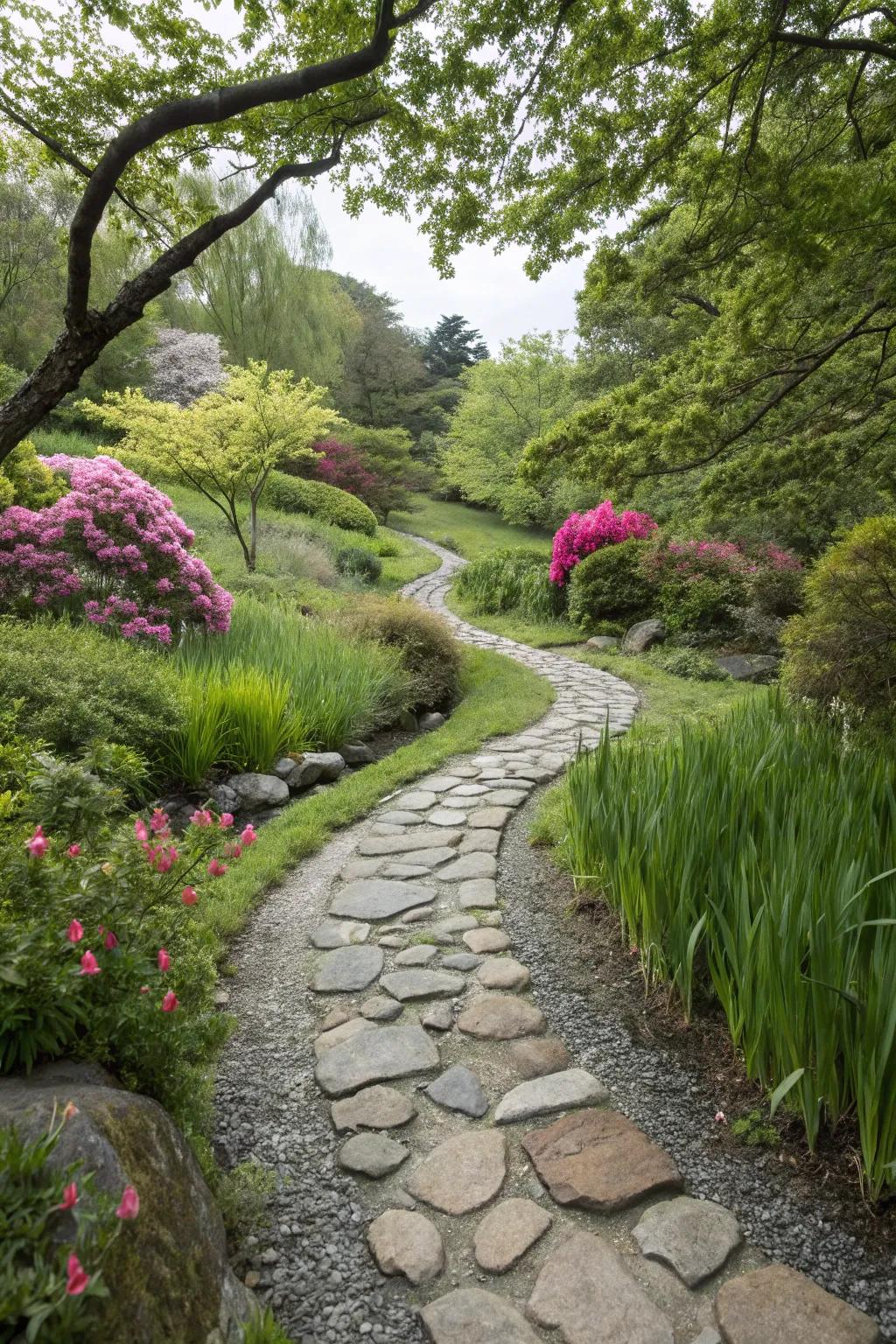 Winding walkways create appealing and organic progression throughout gardens.