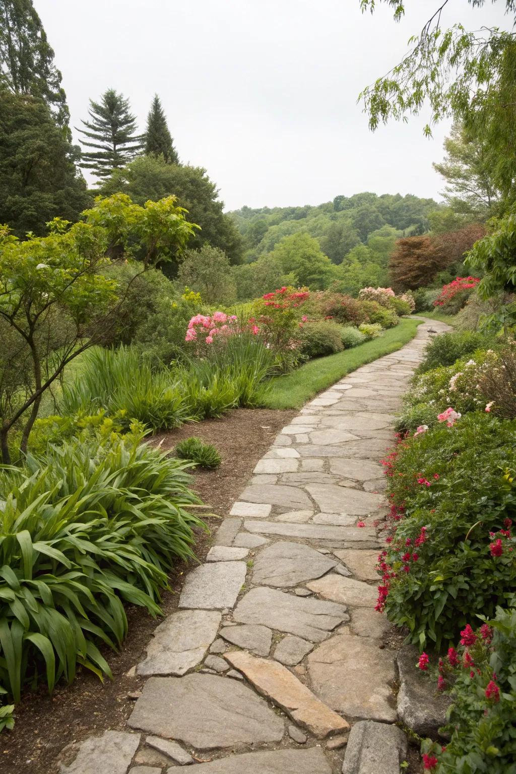 Rock borders contribute structure and refinement to garden settings.