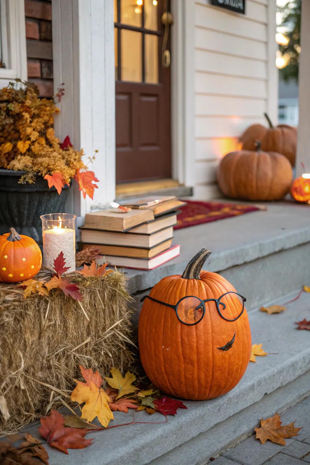 A pumpkin wearing eyeglasses for a scholarly appearance.