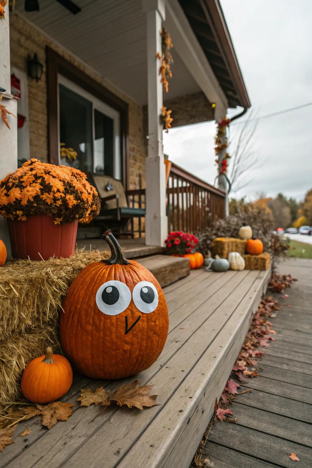 A comical pumpkin with big eyes adding some laughter to the autumnal scene.