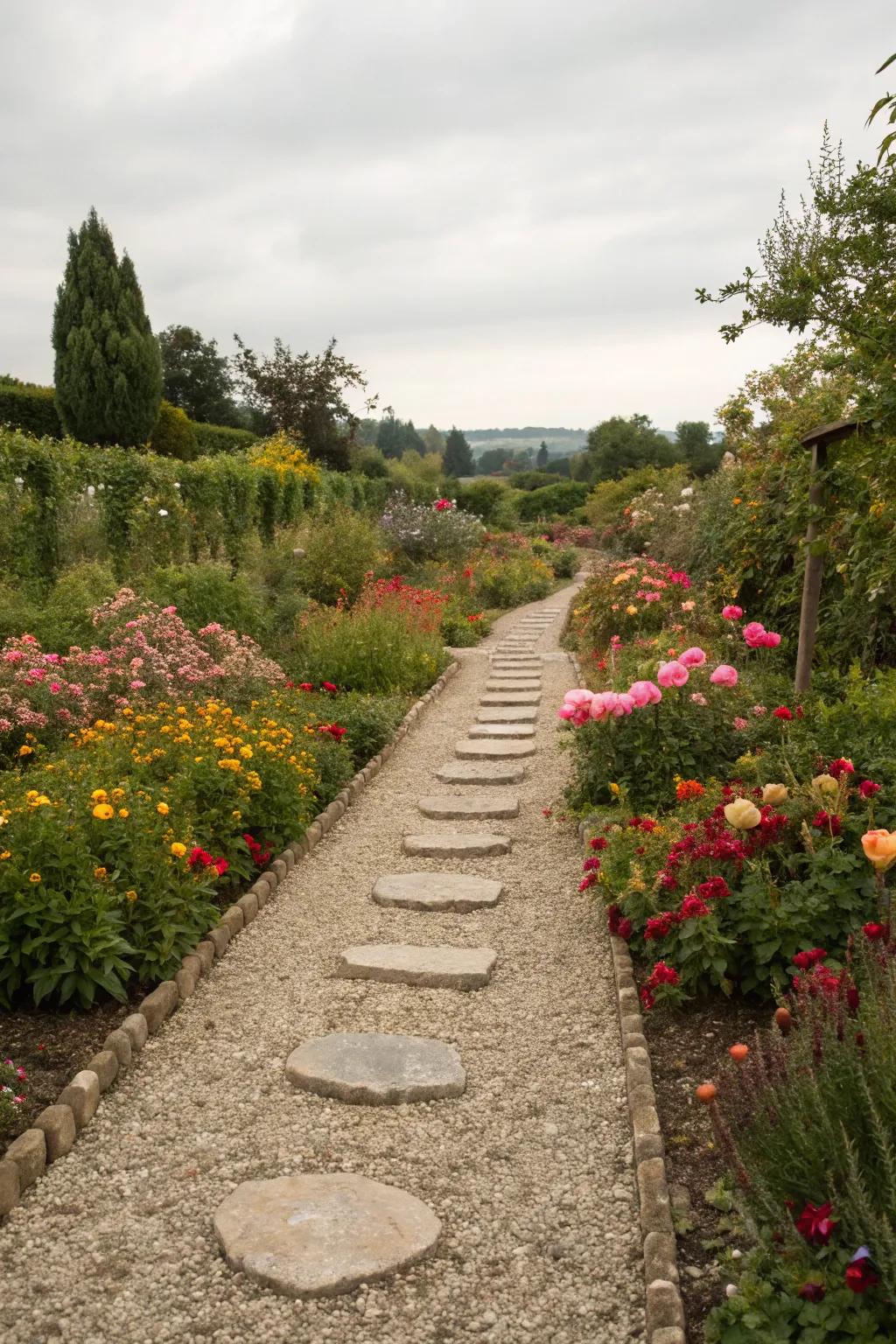 A charming garden walkway lined with lush plants and gravel.