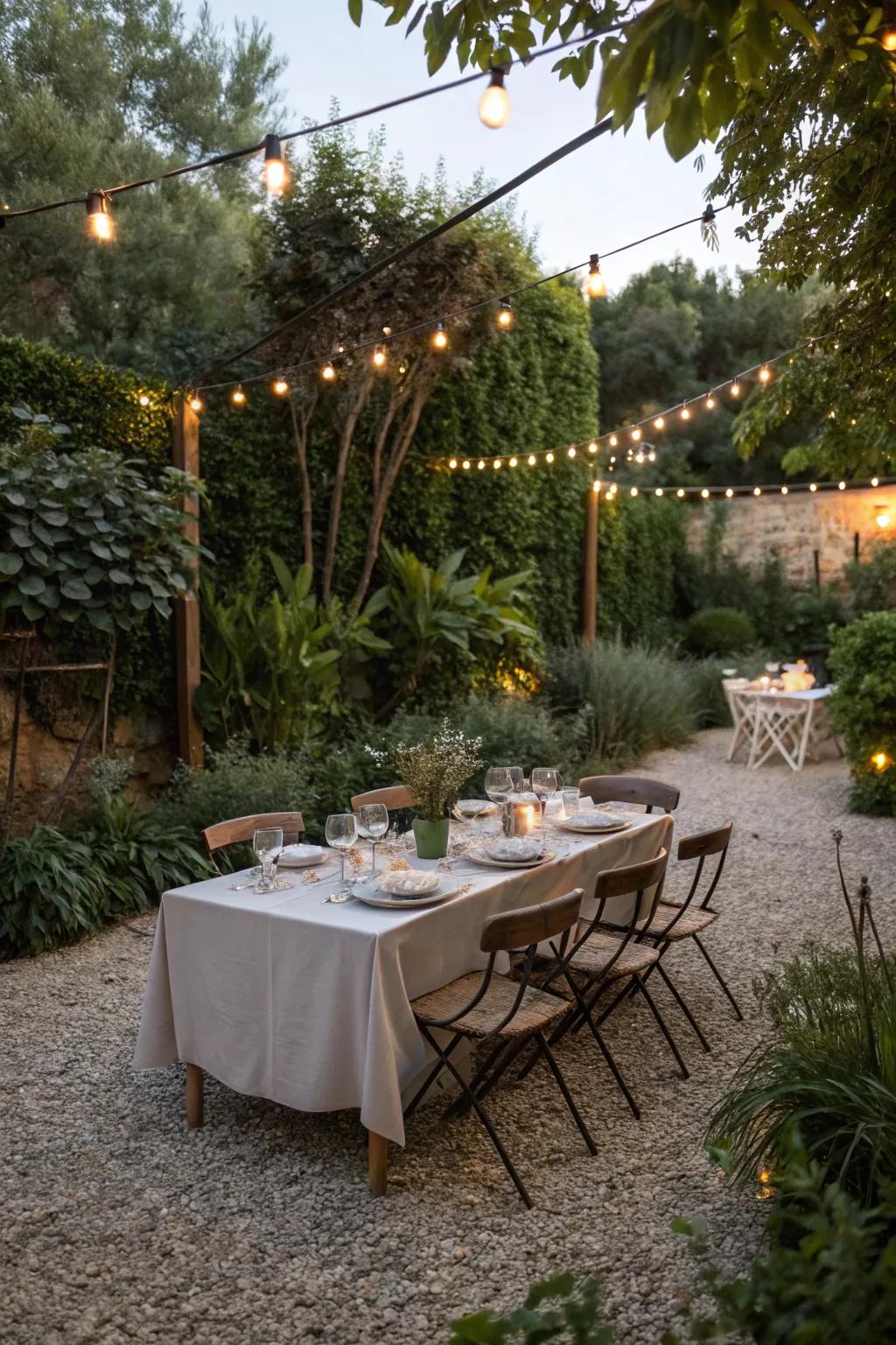 Elegant outdoor dining space illuminated by string lights.