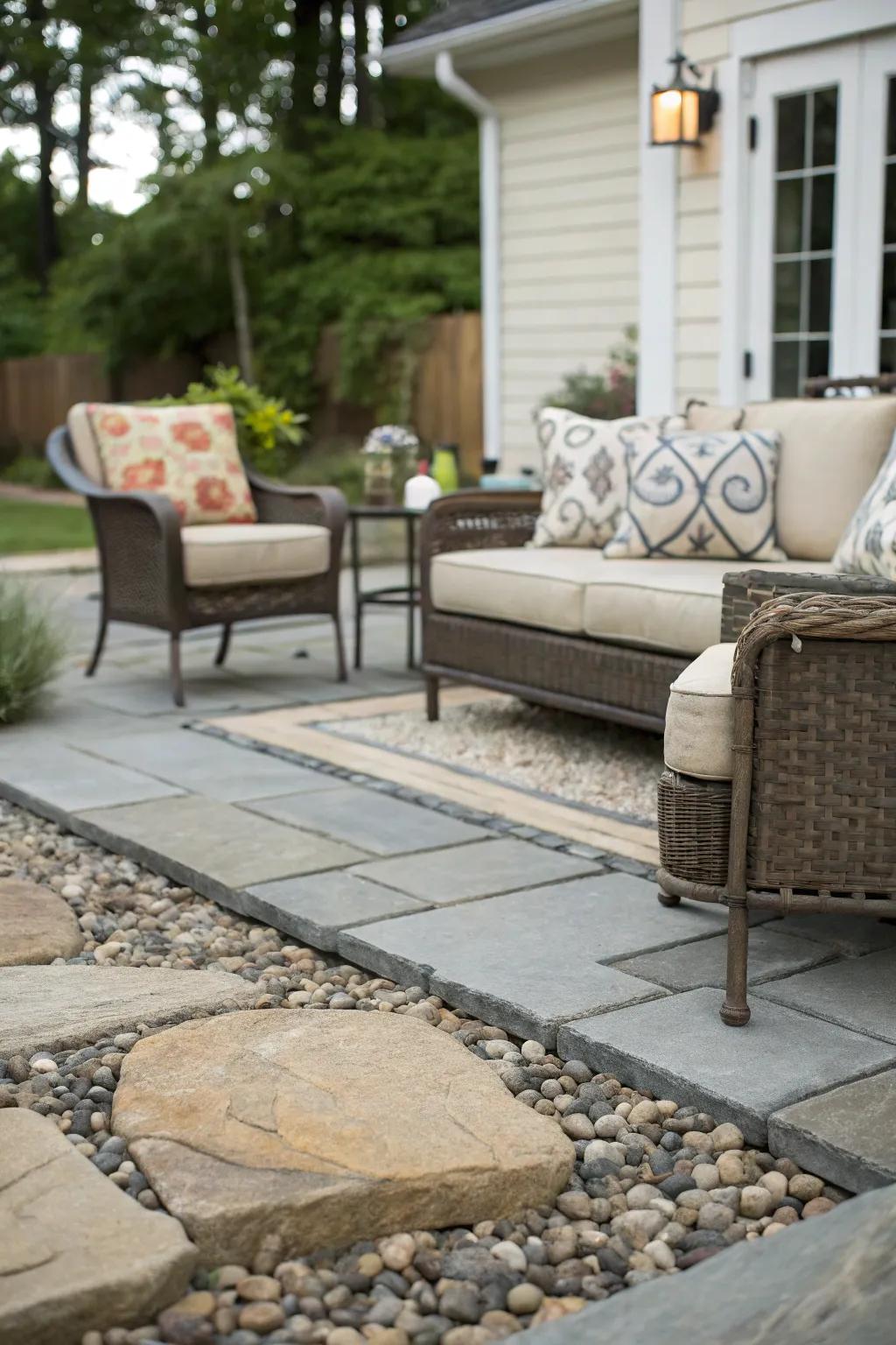 Sophisticated outdoor patio combining gravel and stone elements.
