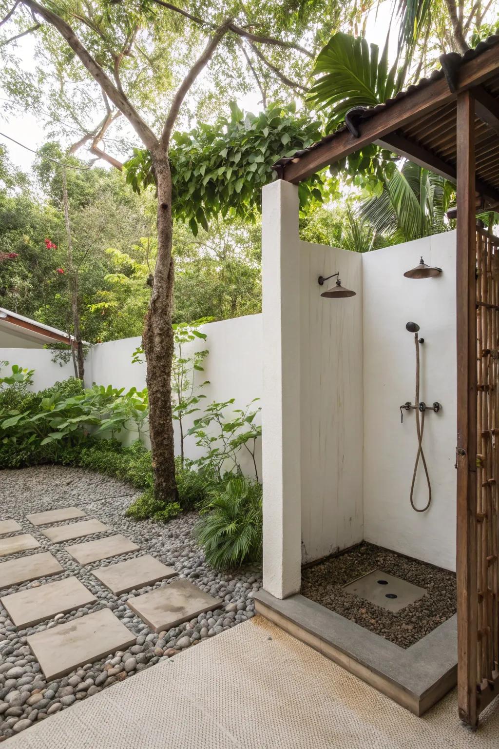 A spa-like outdoor shower area with natural gravel flooring.