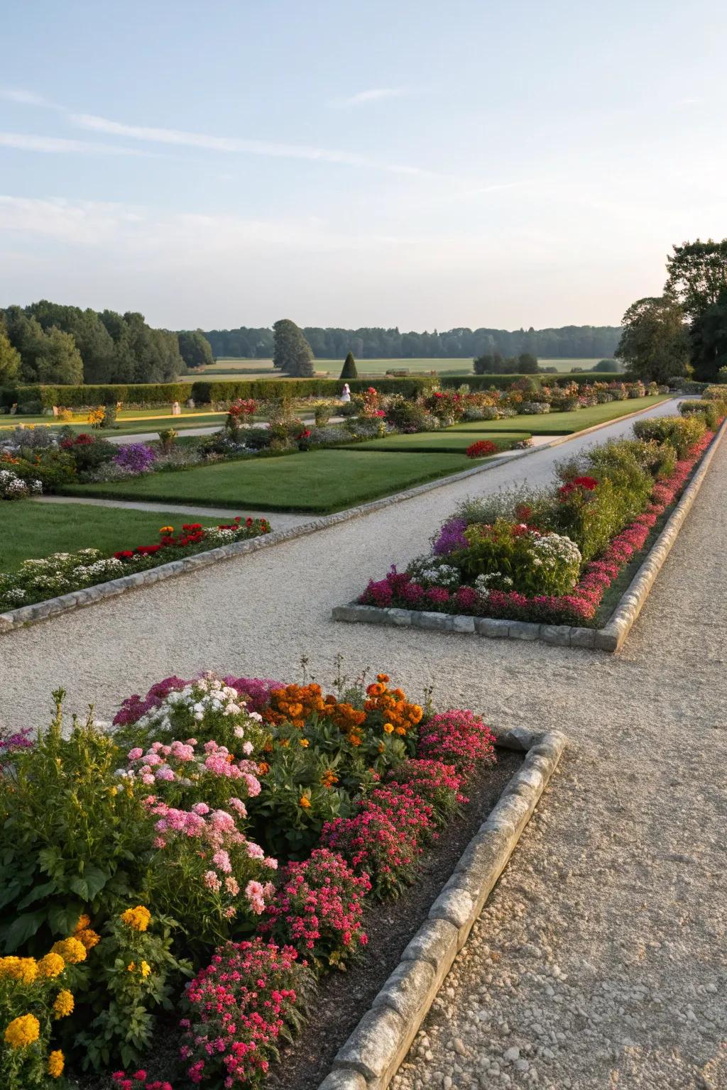 Well-defined garden edges featuring gravel.