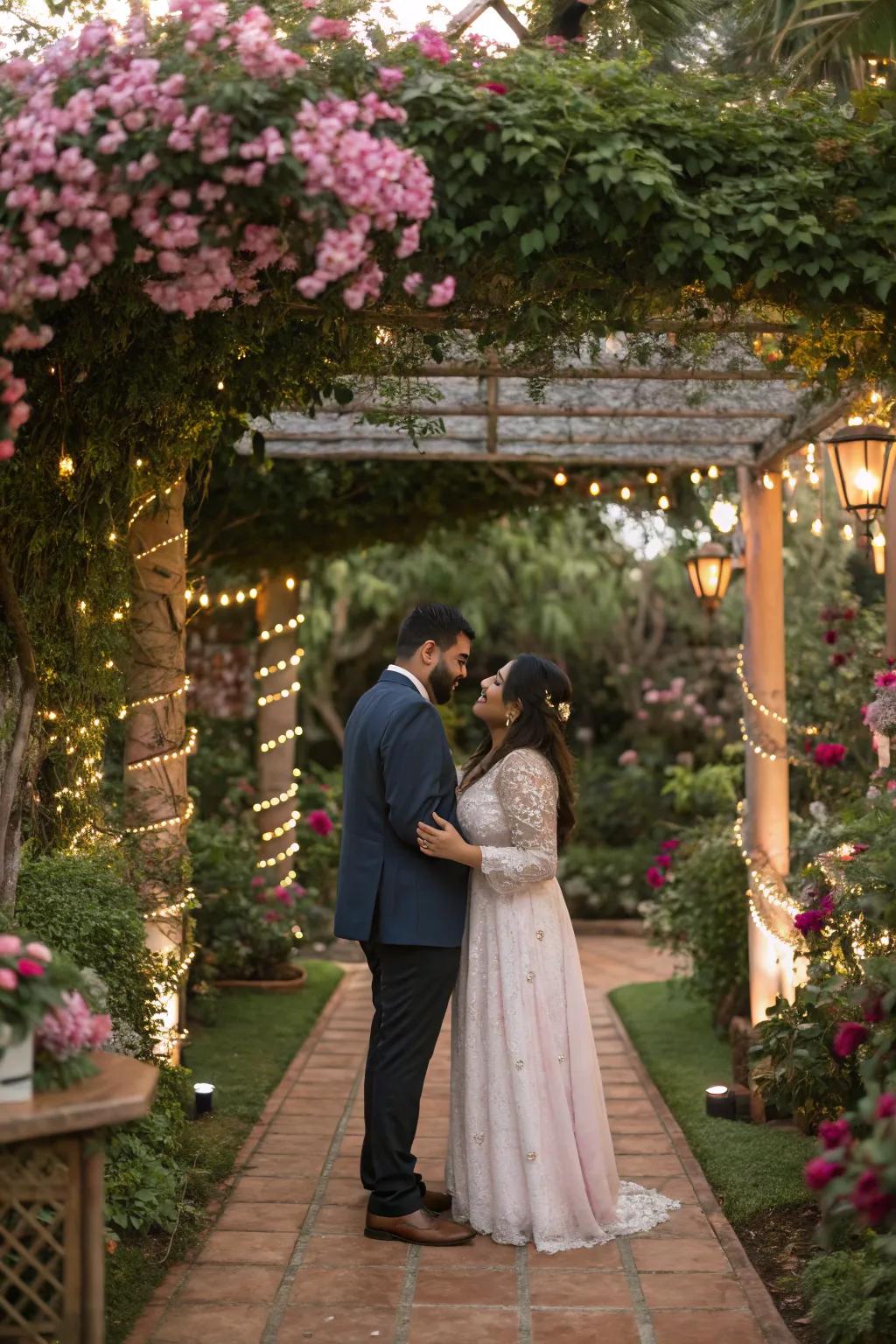 A touching moment shared in a serene garden setting before the ceremony.