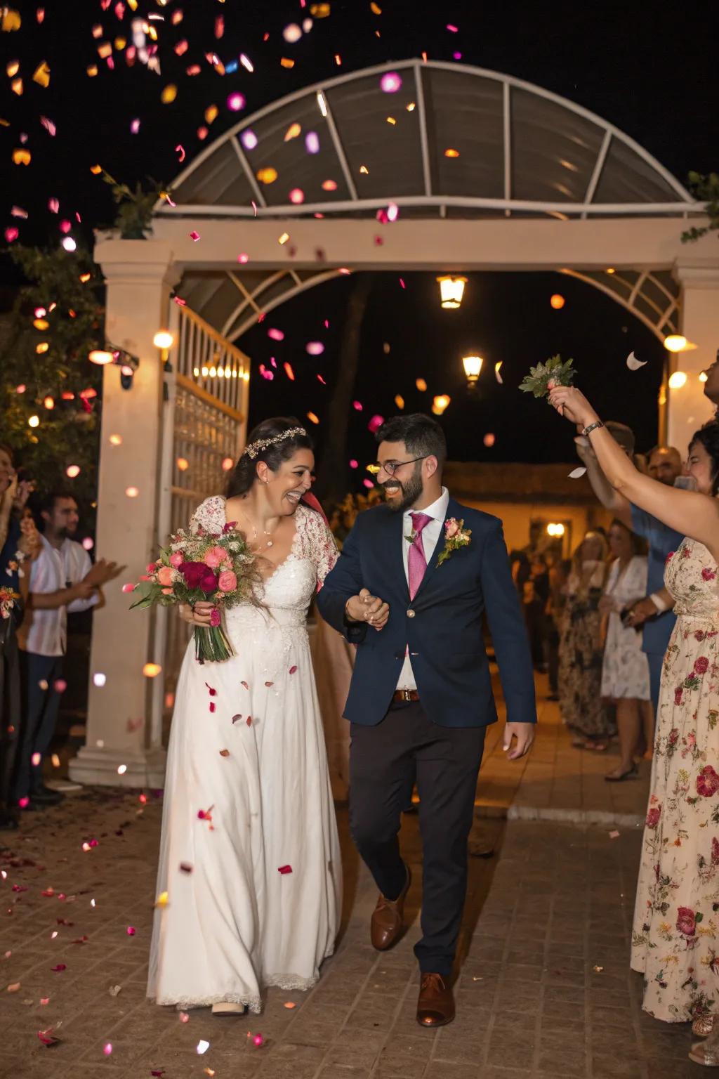 A stunning wedding exit showered with flower petals.