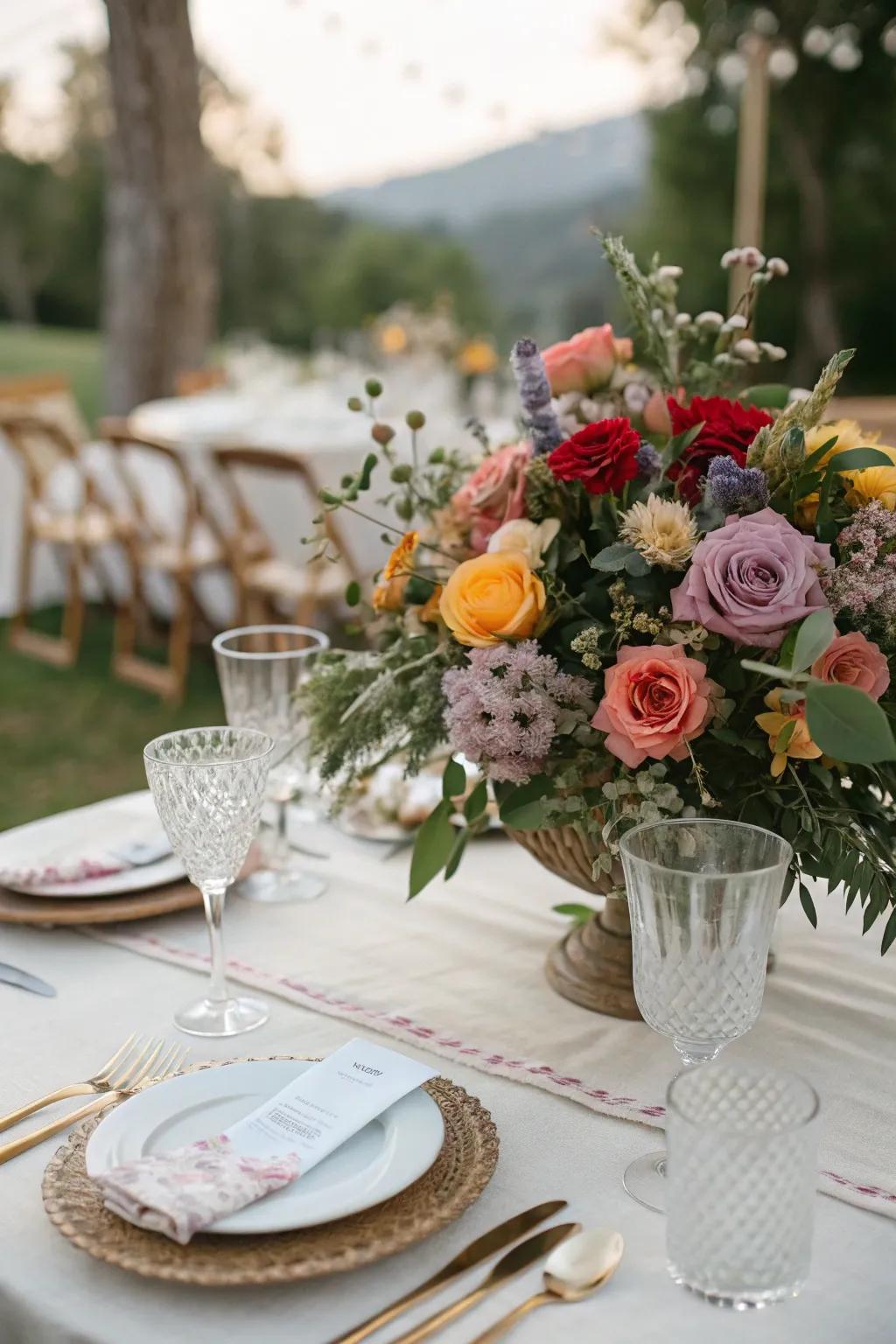 A lively floral centerpiece brightening the wedding reception table.