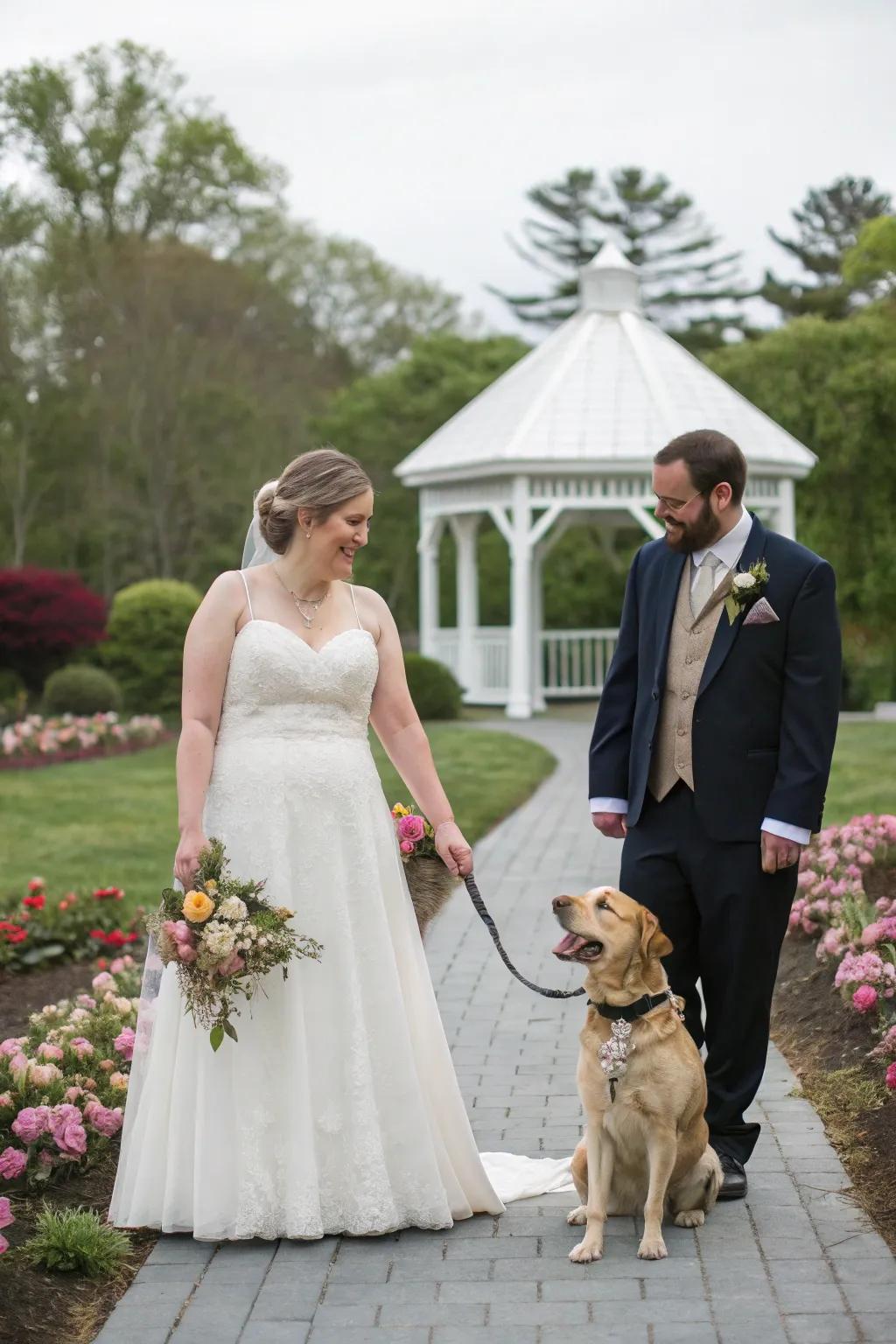 A joyful moment featuring pets as part of the wedding celebration.