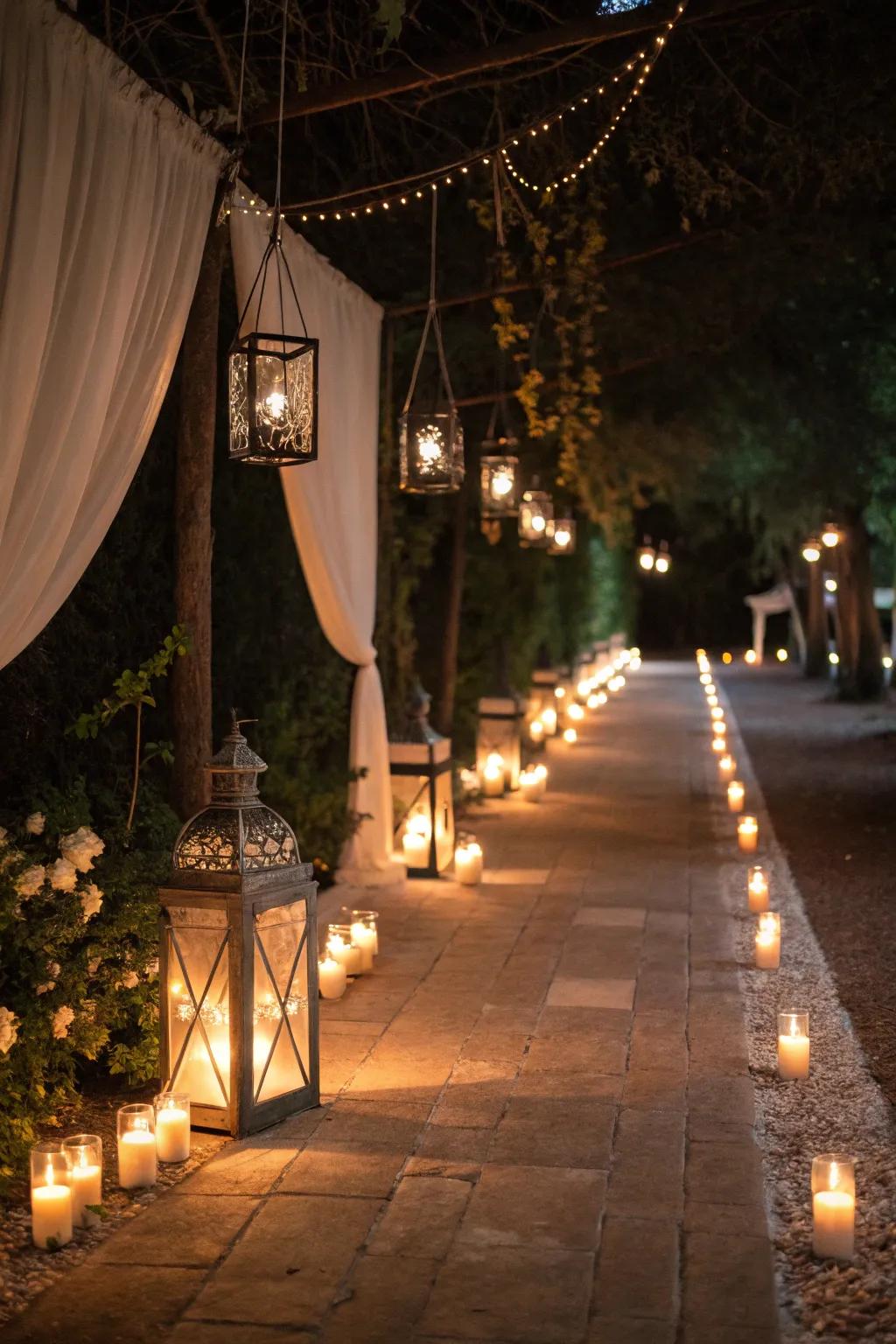 A beautifully lit pathway enhancing the wedding ambiance and safety.