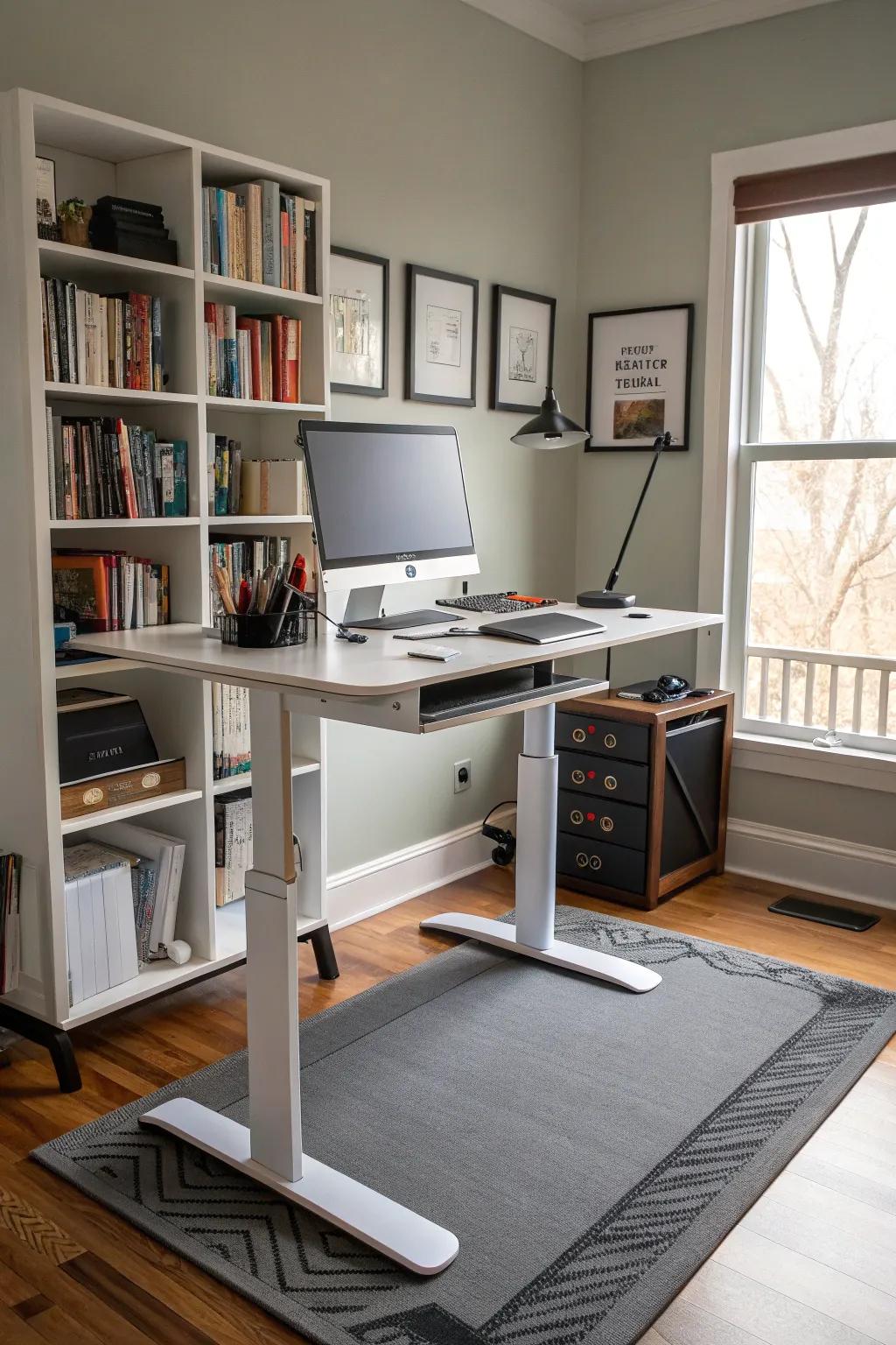 A standing desk offers adaptability and health advantages.