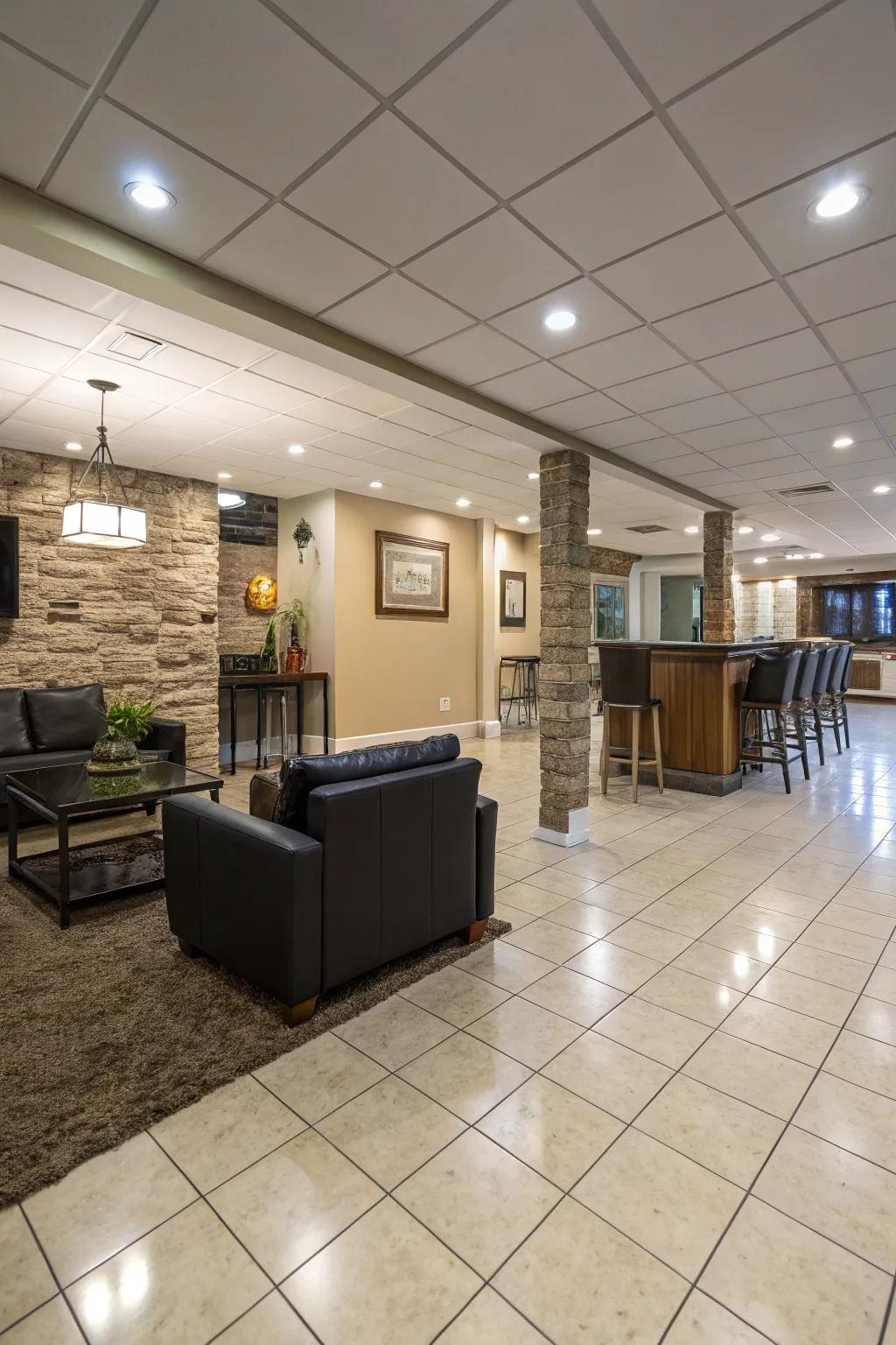 Tile flooring provides basement interiors with adaptability and flair.