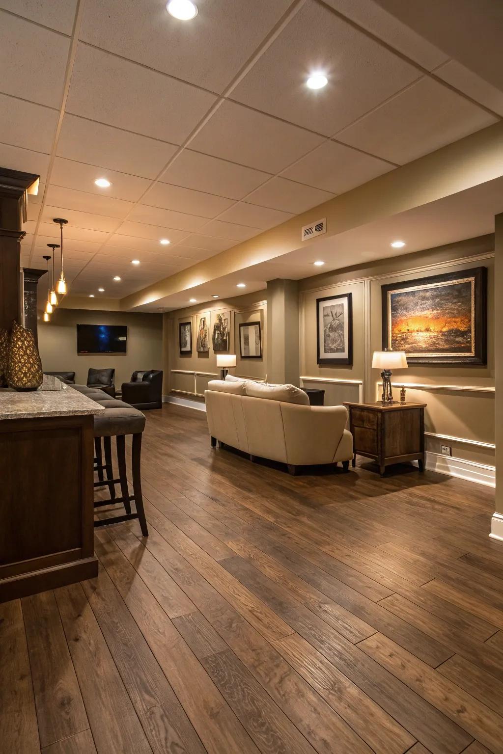 Engineered wood gives basement spaces a timeless elegance.