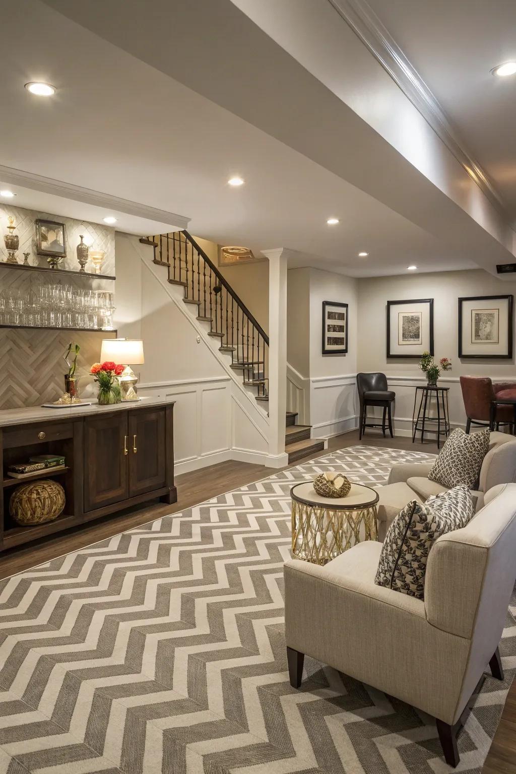 Chevron patterns add an elegant twist to basement flooring.