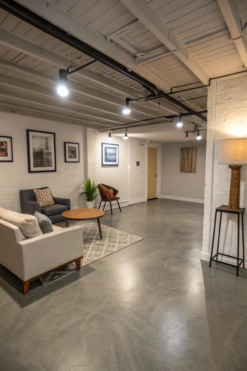 Painted concrete offers a sleek, minimalist look for basements.