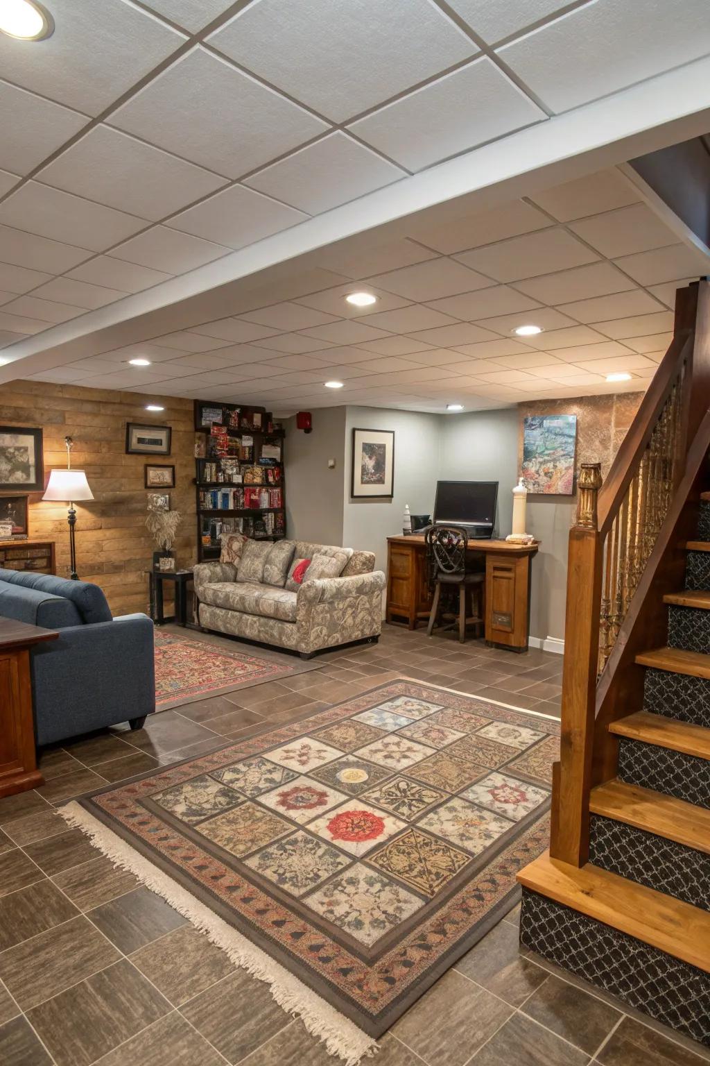 Mixed materials can define distinct zones in basement layouts.