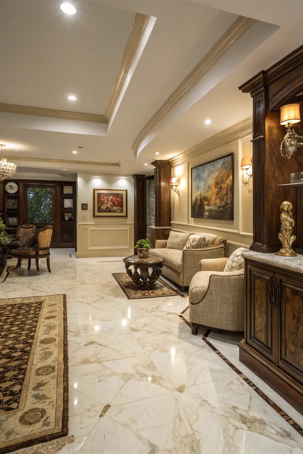 Marble-look tiles bring a touch of luxury to basement spaces.