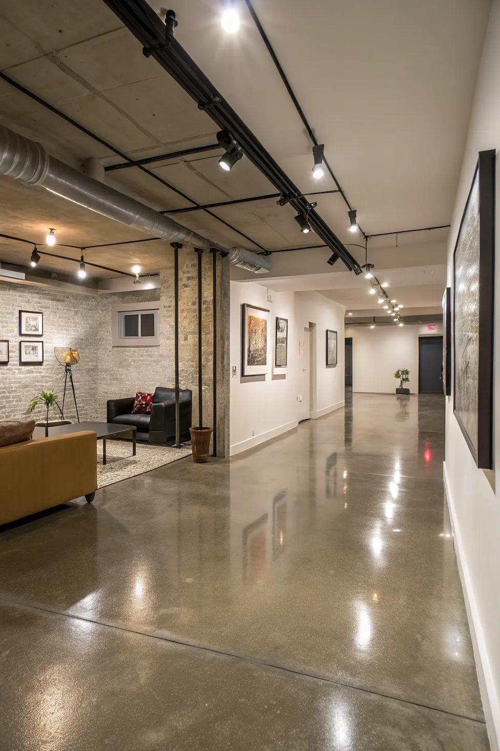 Polished concrete gives basement spaces a sleek, contemporary feel.