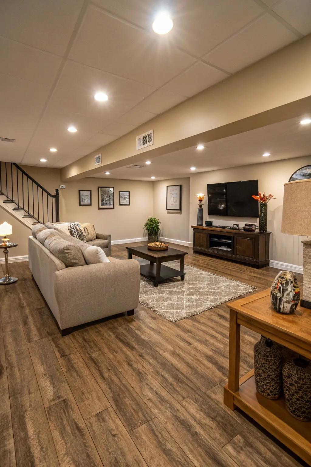 Luxury vinyl planks provide basement floors with style and durability.