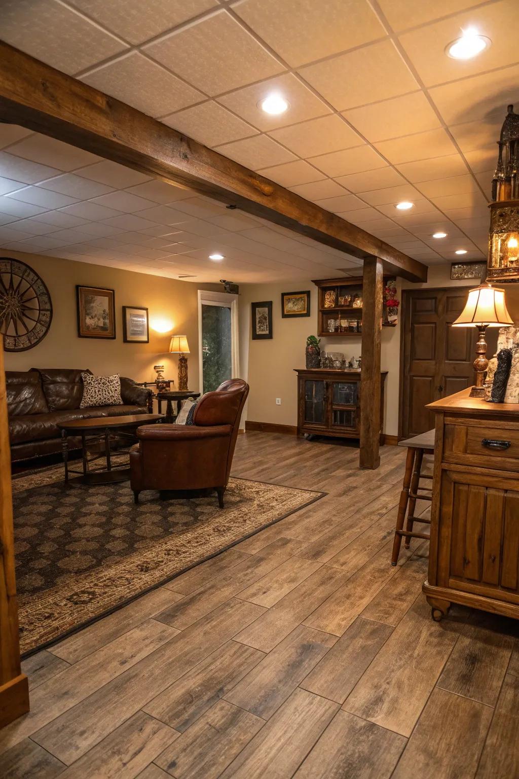 Wide plank vinyl adds rustic charm to basement floors.