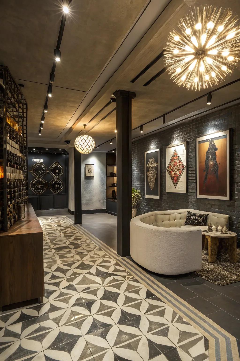 Geometric tiles add bold patterns and visual interest to basements.