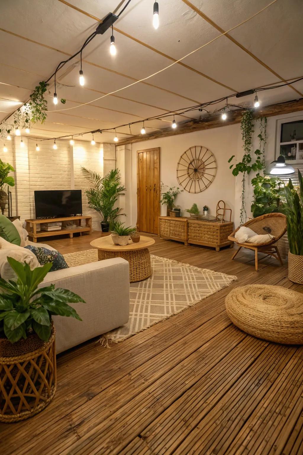 Bamboo flooring offers sustainable style for basement living.