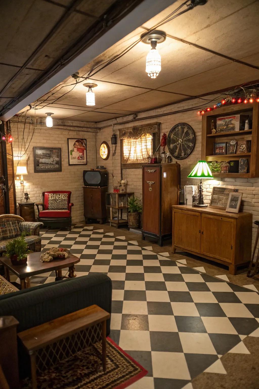 Checkerboard patterns offer a playful, classic look in basements.