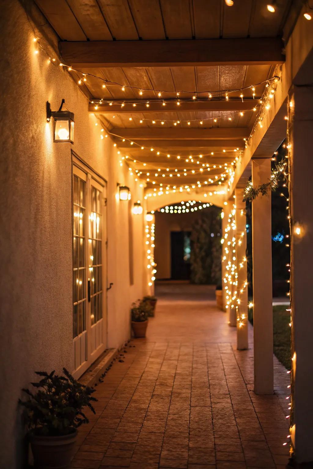 Soft string lights create a cozy and magical entryway atmosphere.