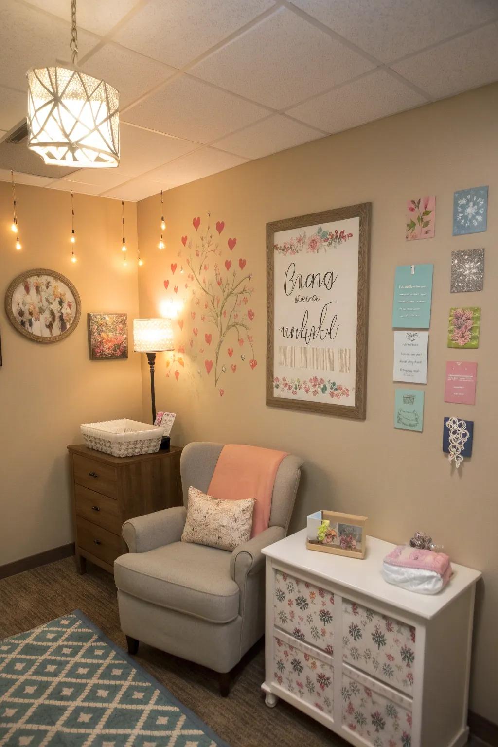 Inspiring wall adornments promote a positive atmosphere.