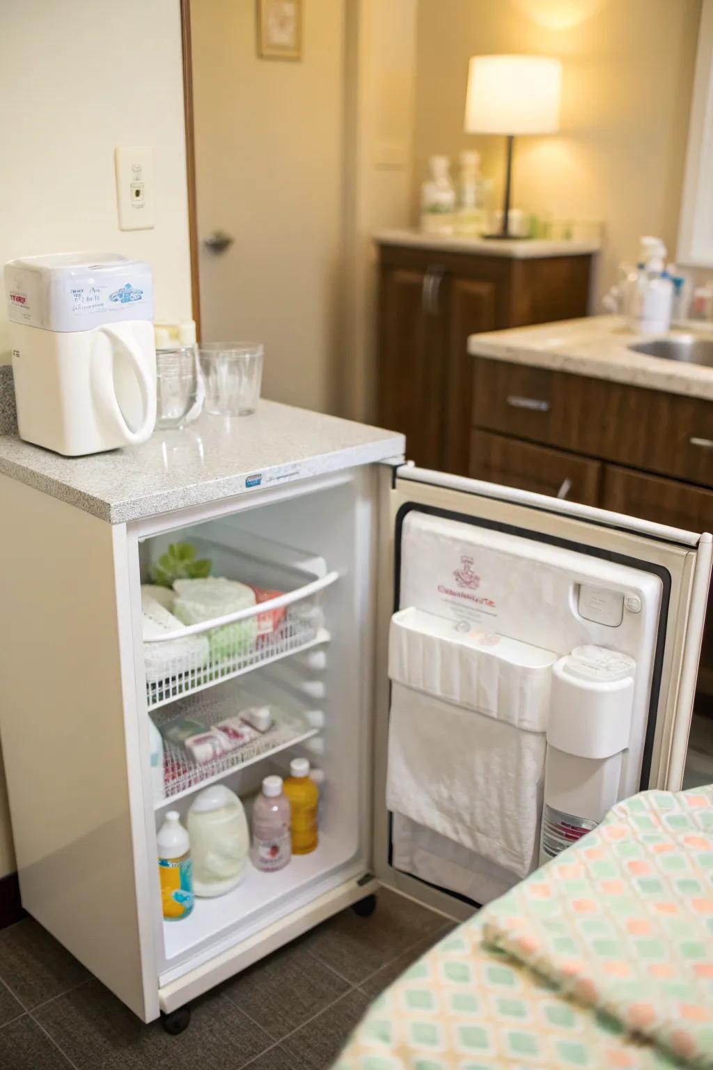 A compact refrigerator and a small sink offer convenience for nursing mothers.