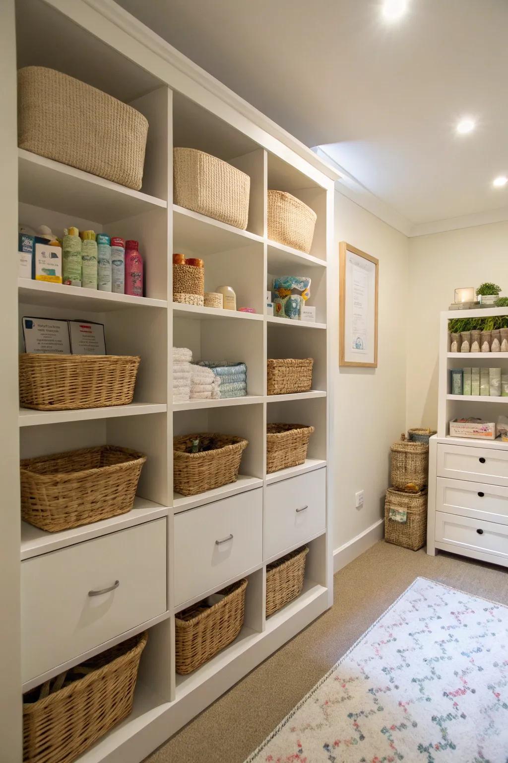 Integrated shelving and containers offer creative storage solutions.