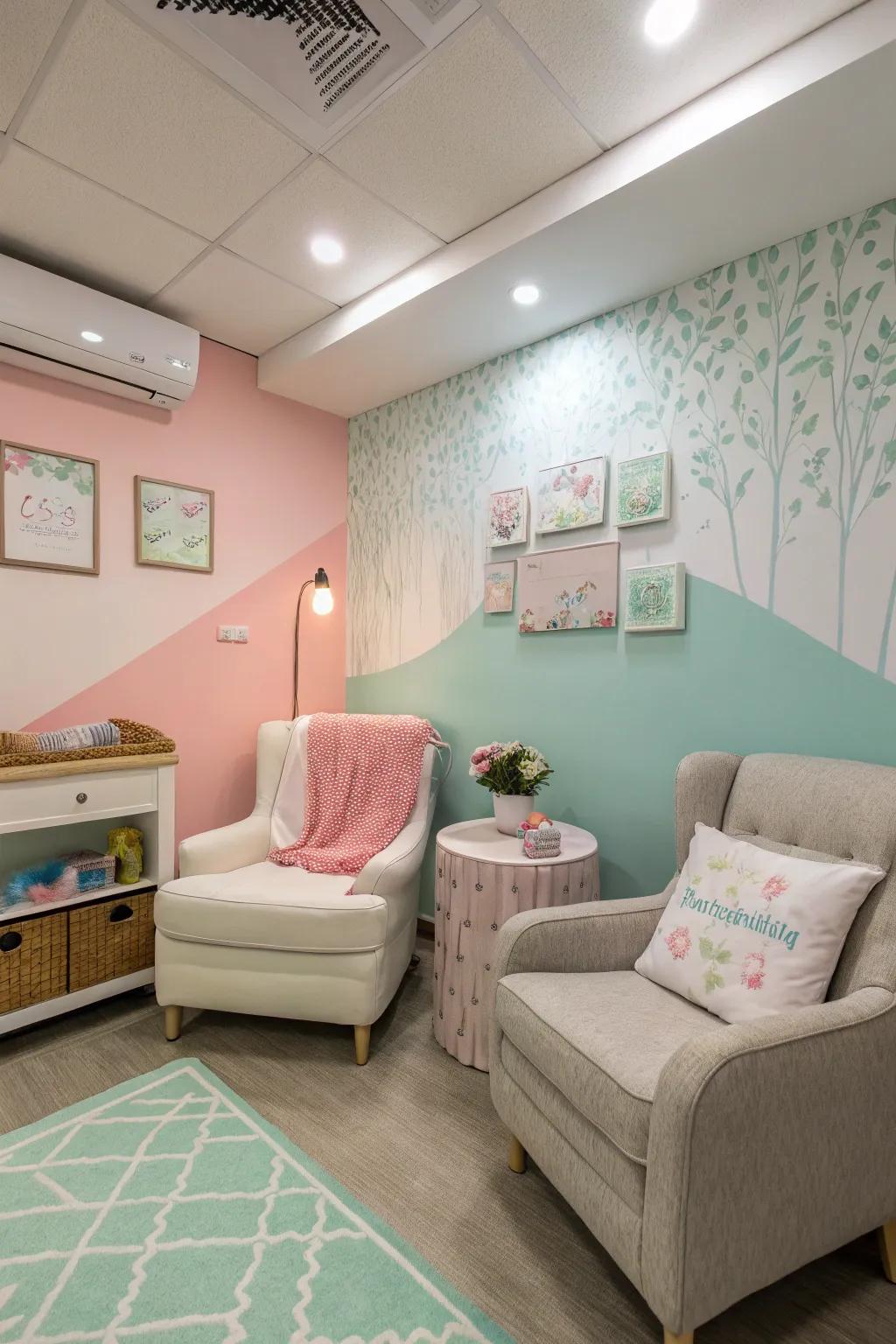 Pastel shades create a serene and soothing environment.