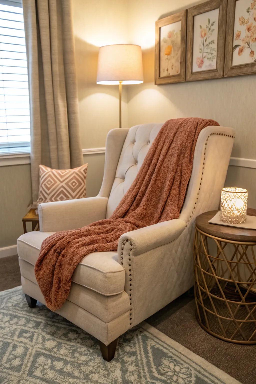 A luxurious armchair paired with a soft throw, creating an inviting space.