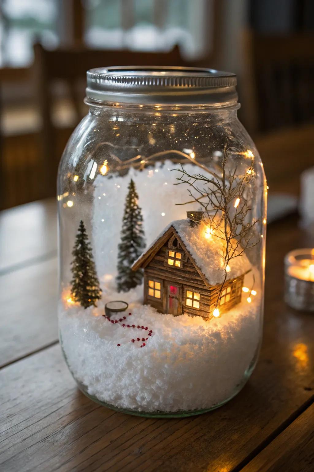 A snug cabin scene nestled inside a glass jar with soft lighting.
