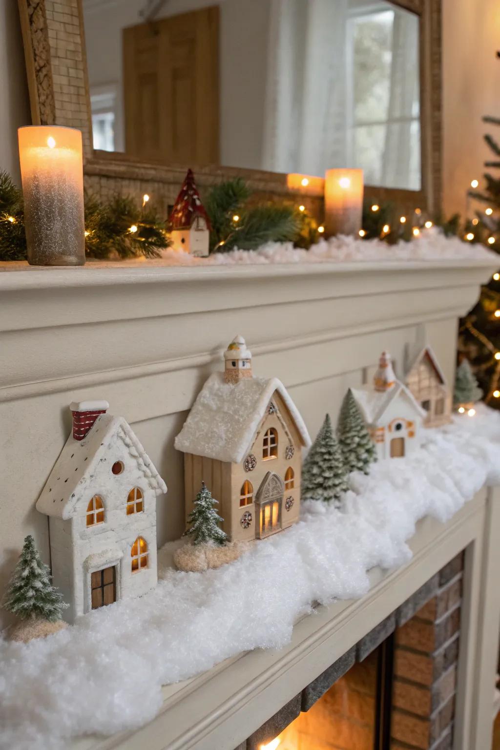 A cozy snow-covered village scene arranged on a fireplace mantel.